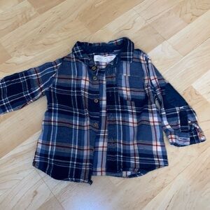 Zara Baby Boy long sleeve blue with red plaid button down, 6-9 months